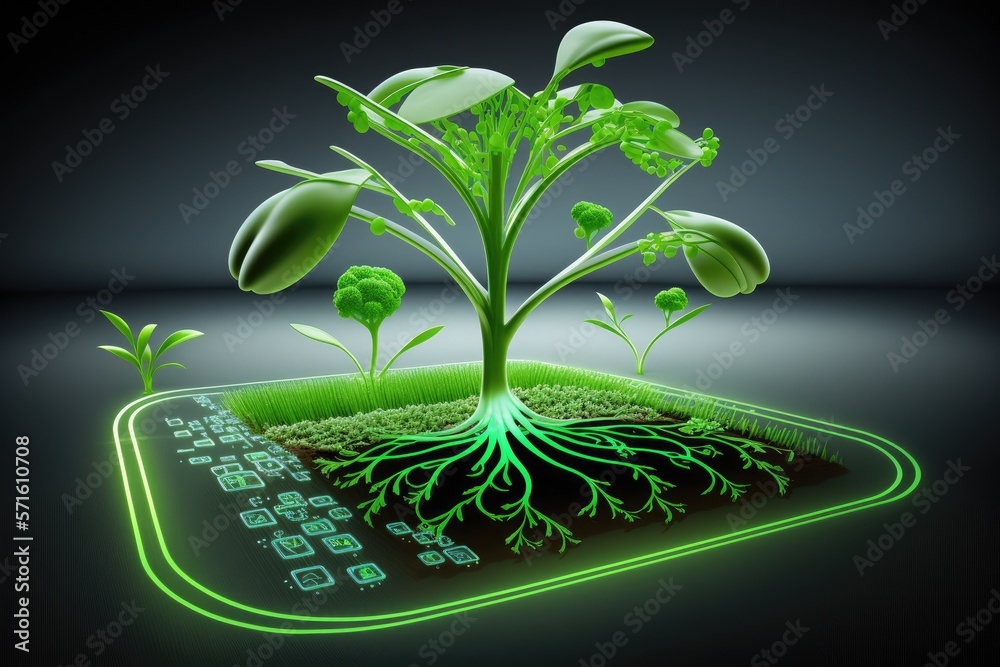 agricultural technologies today. Green sprouts and symbols. Generative AI